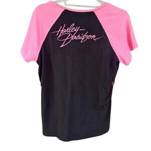 Harley Davidson Women’s V Neck Pink Black Short Sleeve Logo Size L Biker Tee